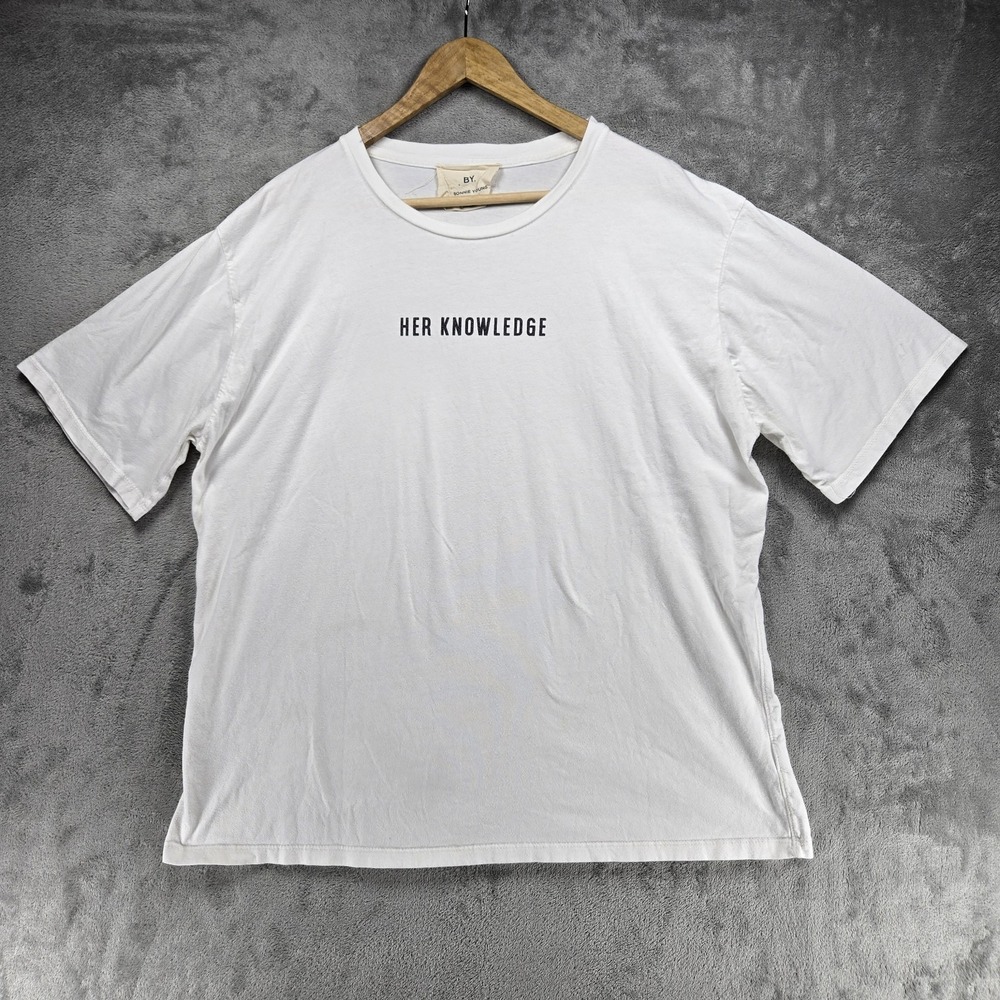 BY. Bonnie Young Her Knowledge Graphic Tee Women's White Minimalist Top Medium